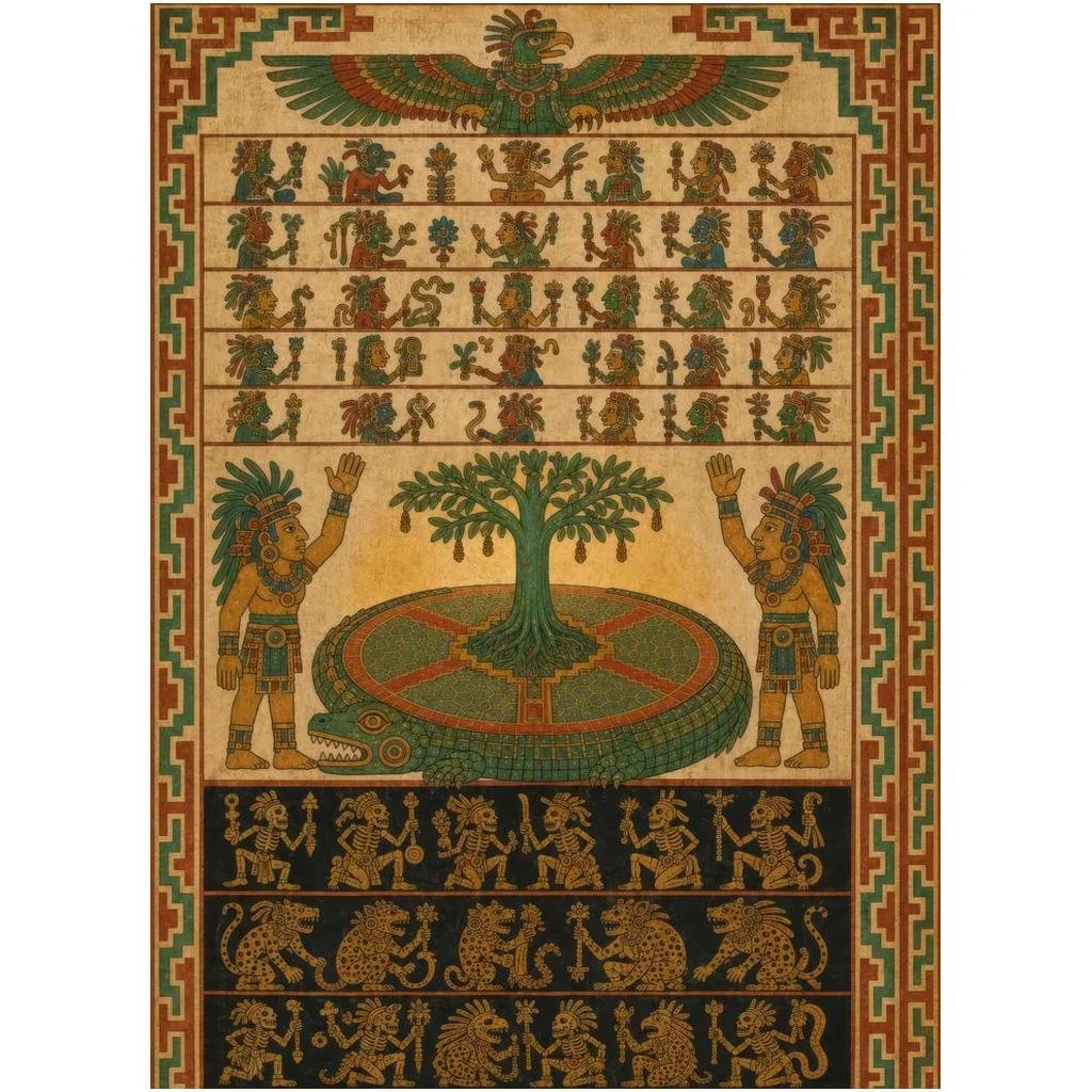Mayan Cosmology Woven Tapestry | Codex Wall Hanging | Ancient Mesoamerican Art | 26×36