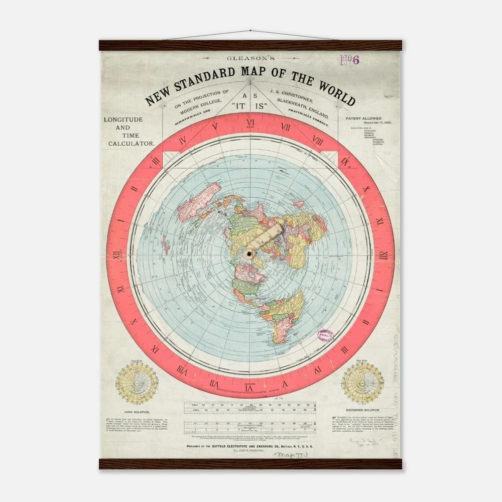 Poster — Gleason's 1892 circular flat earth map with original markings, aging, and handwritten annotations preserved
