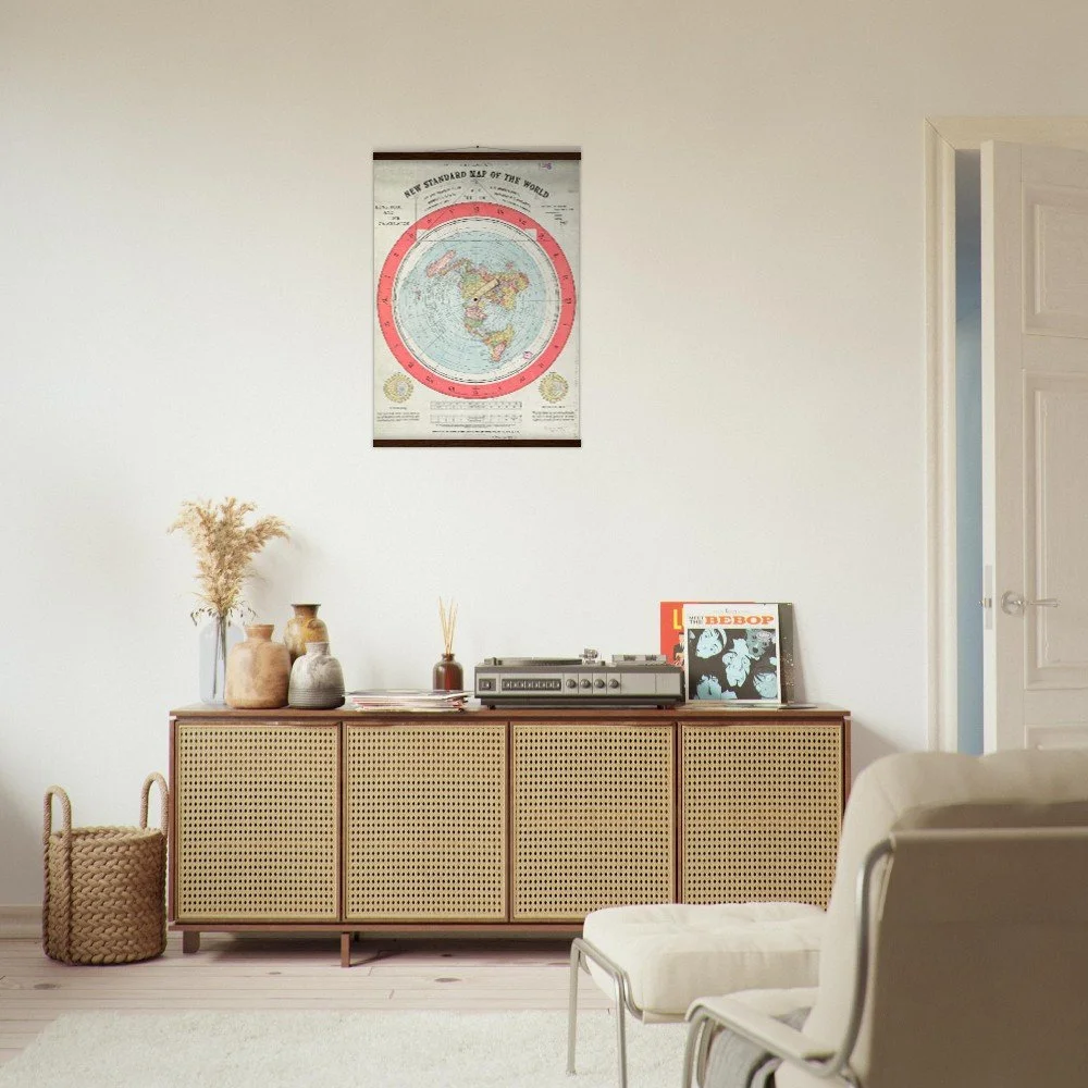 Poster — Gleason's 1892 circular flat earth map hanging on wall displaying vintage engraving details and period annotations