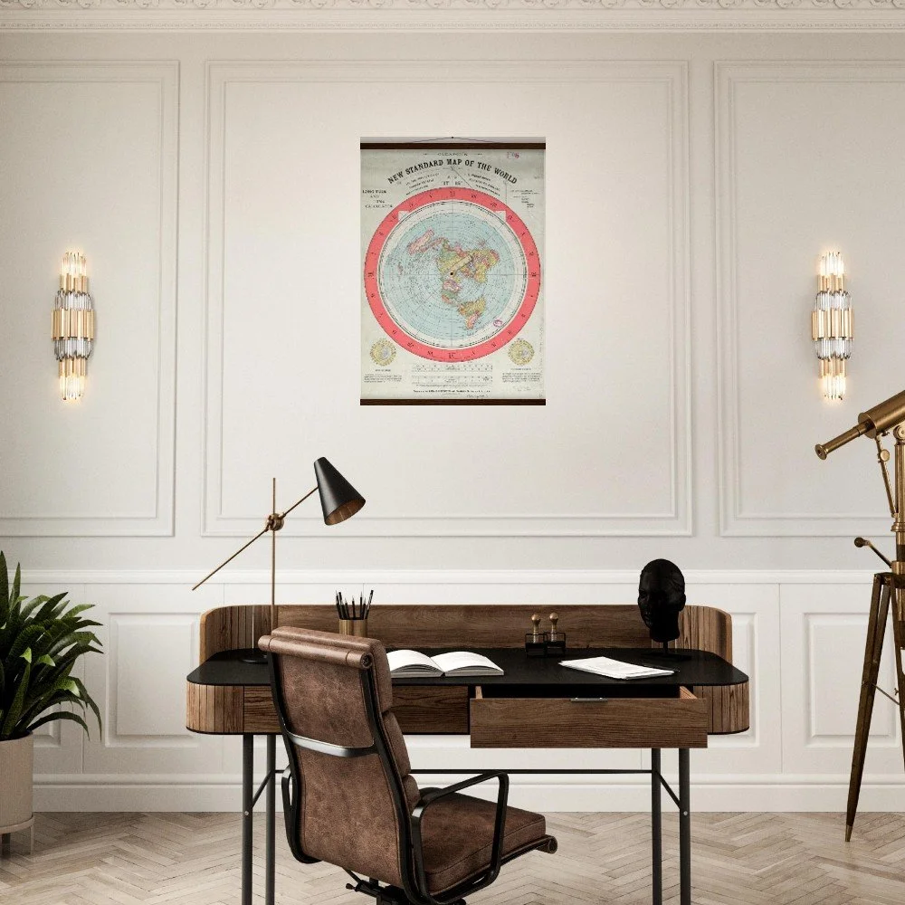 Poster — Side angle view revealing wood hanger and matte finish of historical map reproduction — flat earth, vintage