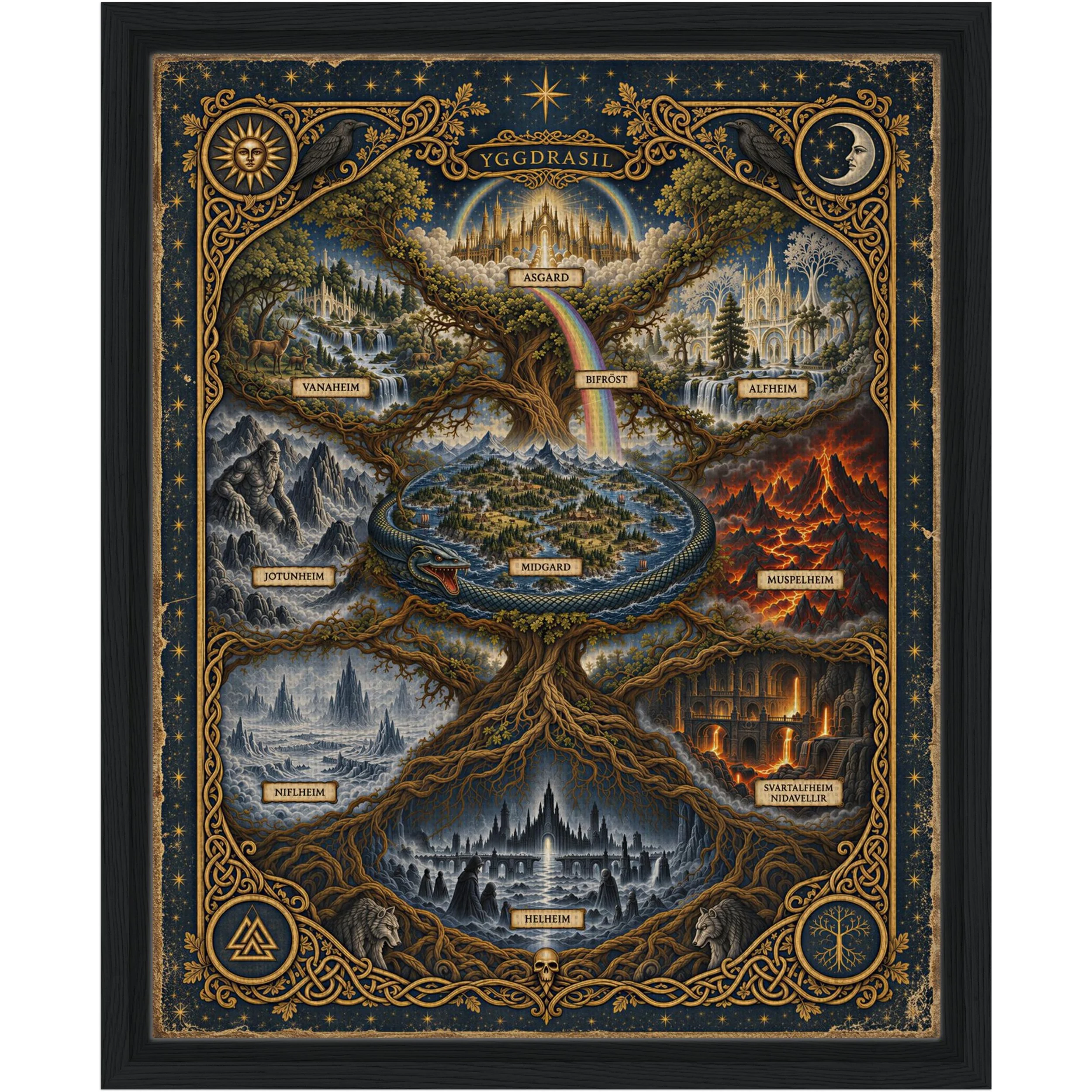 Yggdrasil Nine Realms Framed Canvas - Labeled