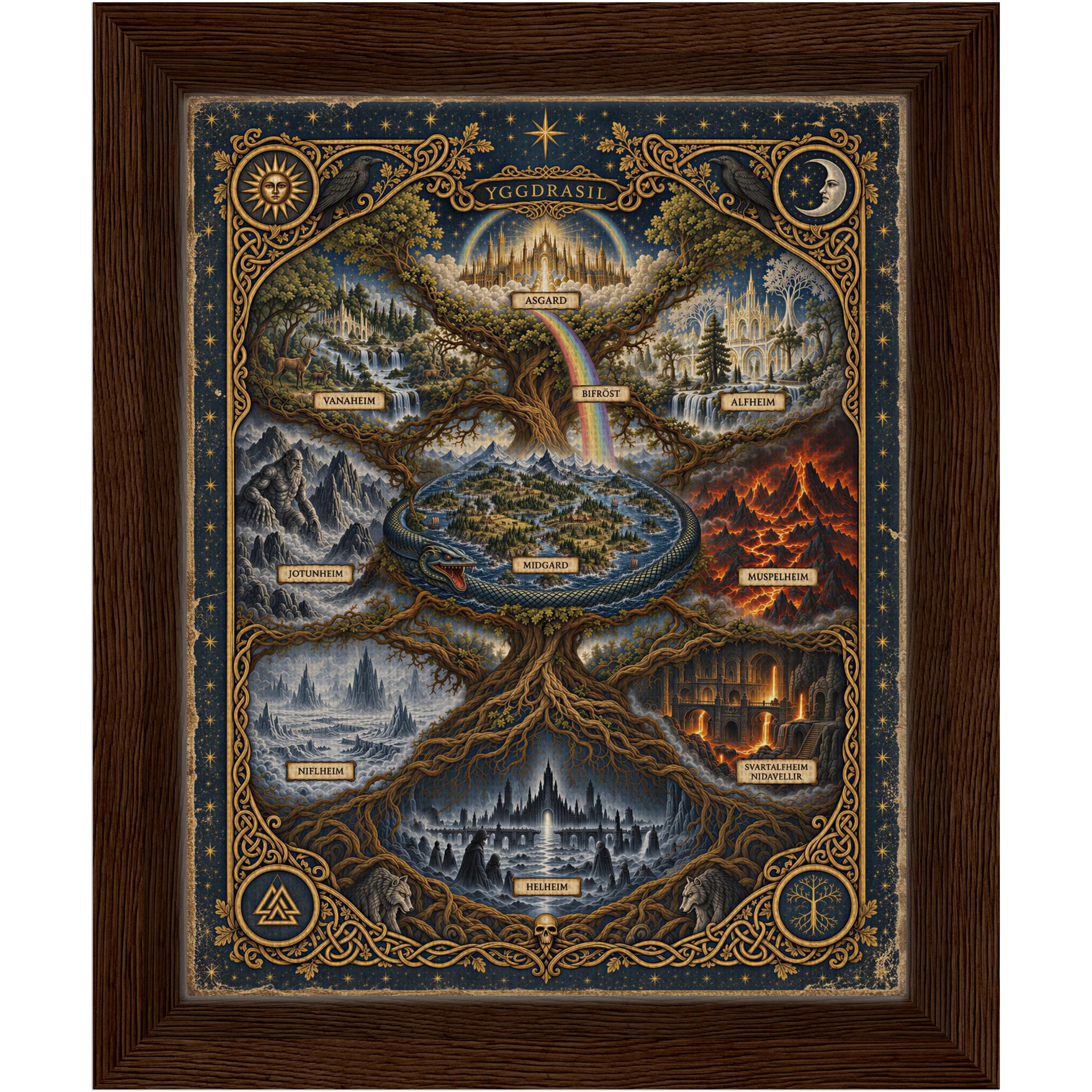 Framed Canvas — Yggdrasil Nine Realms displayed on living room wall in vintage engraving style — alternative history, Norse