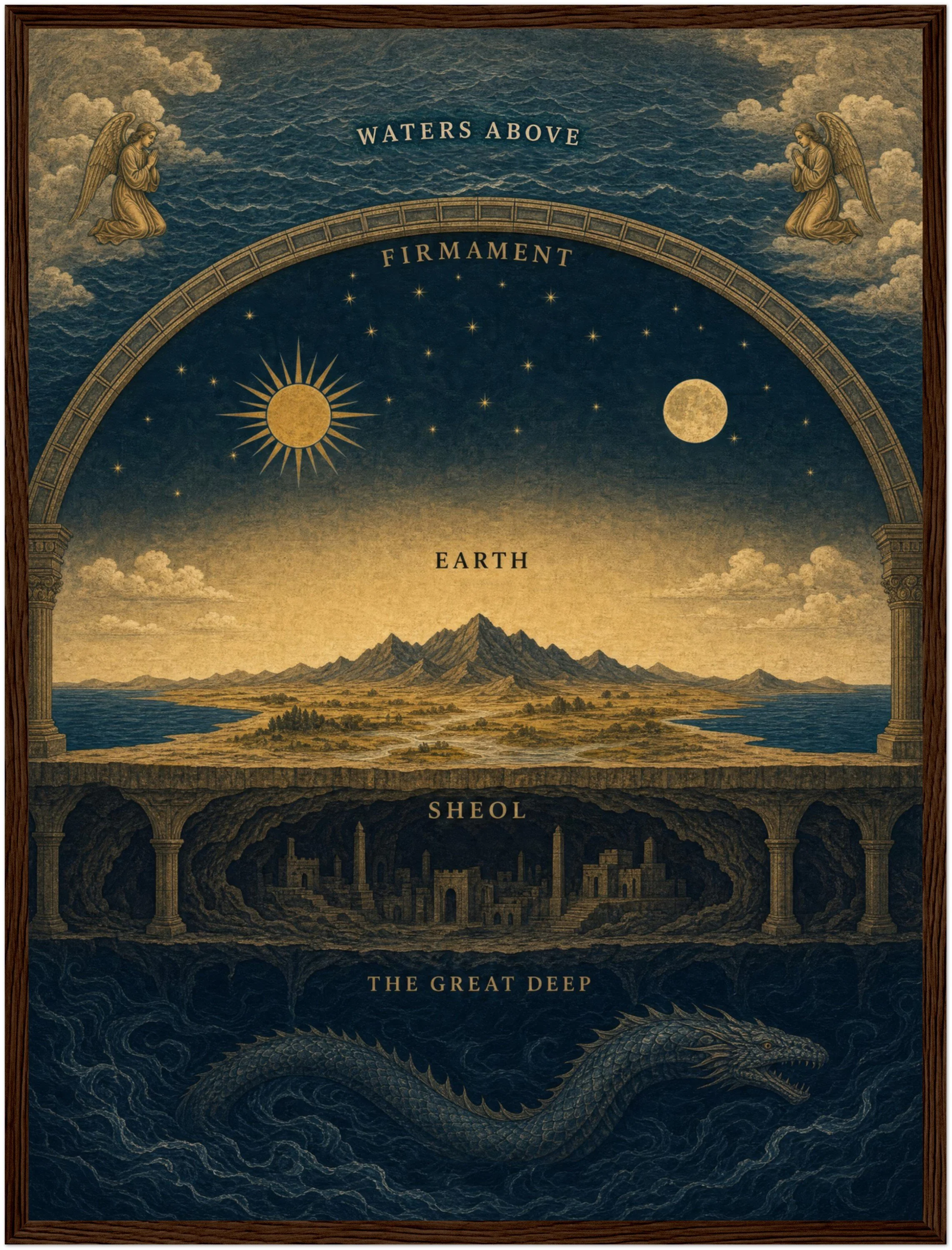 Poster detail — aged indigo and gold theological diagram showing firmament layers, celestial spheres and primordial waters