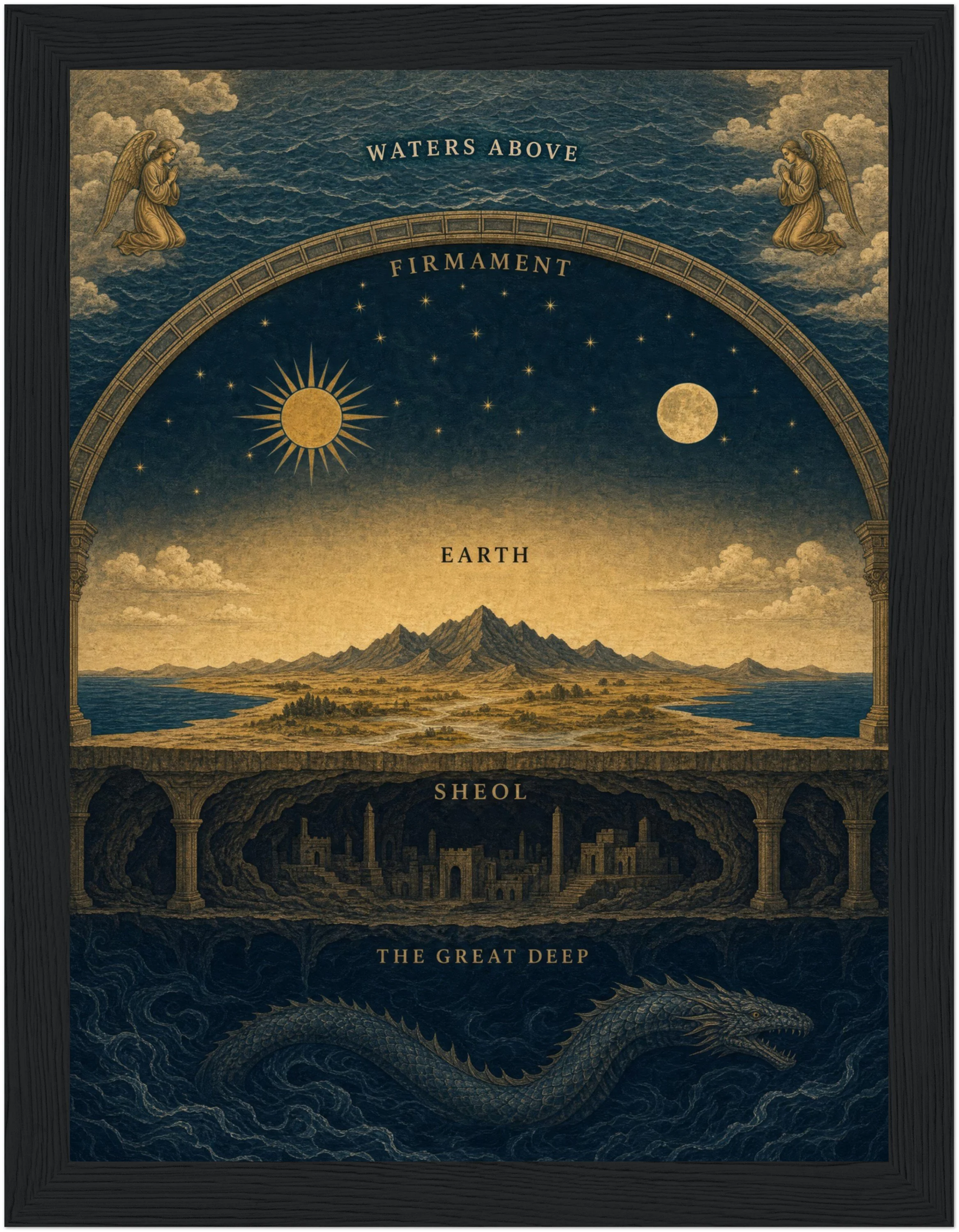 Framed poster alternate angle showing biblical cosmology layers with firmament vault and waters above — vintage engraving