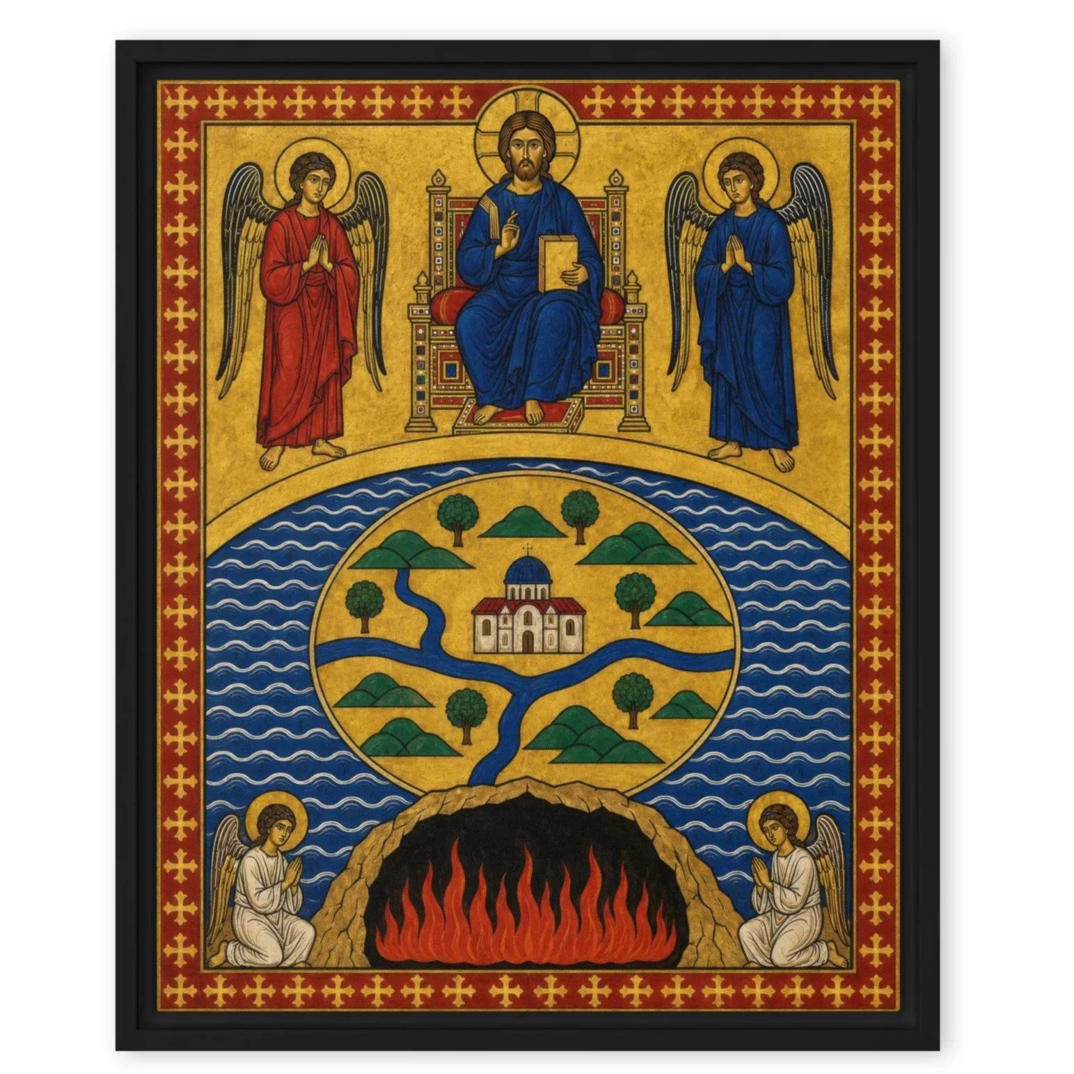 Byzantine Christian Cosmology Icon Framed Canvas Print | Christ Pantocrator Flat Earth Map | Sacred Icon Wall Art