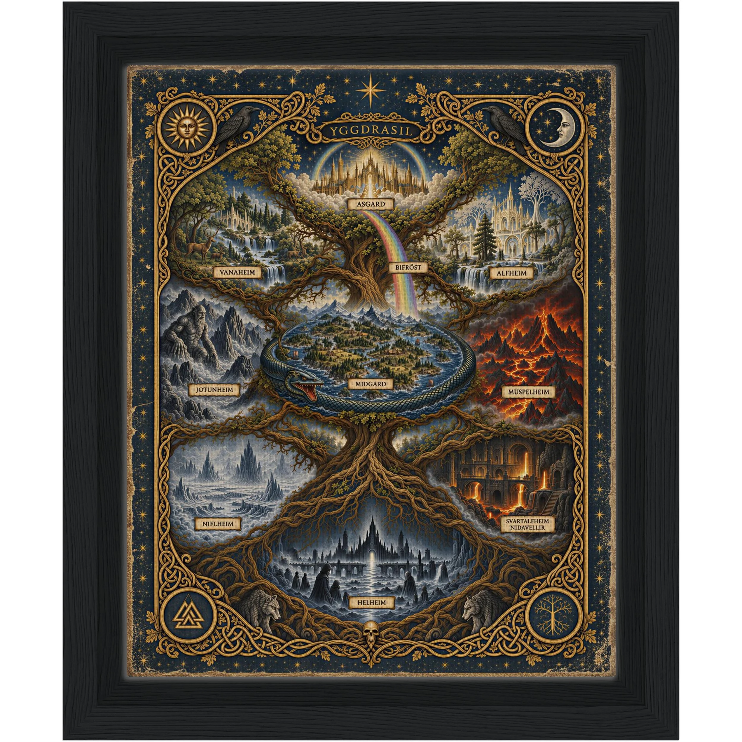 Framed Canvas — alternate angle view showing Yggdrasil's intricate branching structure and labeled Norse realms