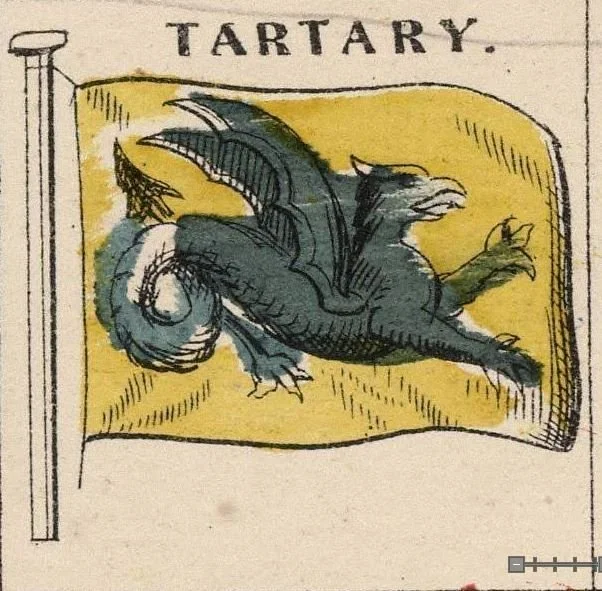 Flag of Tartary — black winged dragon with coiled serpentine tail on a yellow field, from a 19th-century Flags of All Nations chart — Tartarian flag, alternative history — Etherfolk