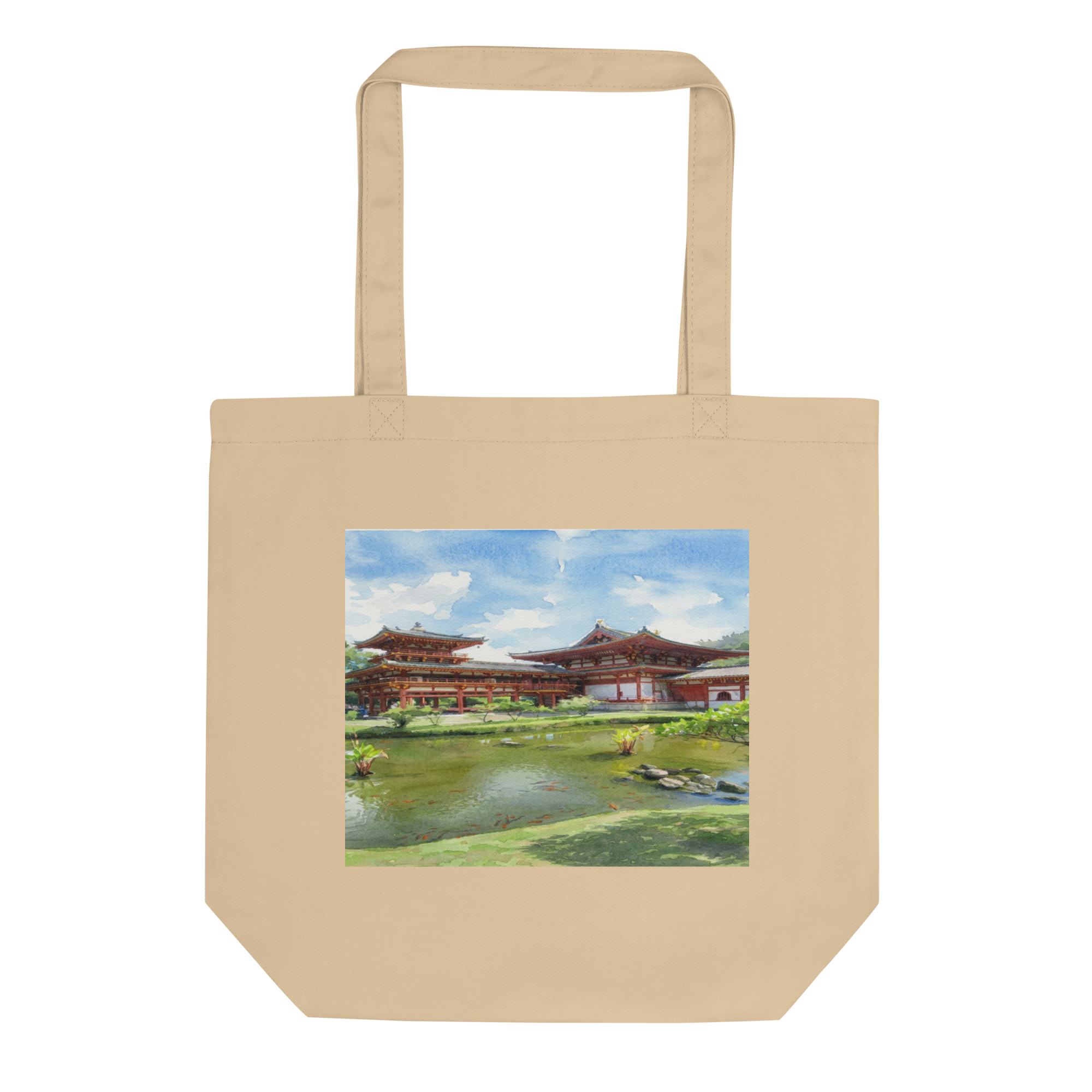 Eco-friendly tote  with an image of a traditional Japanese temple and garden printed on it.