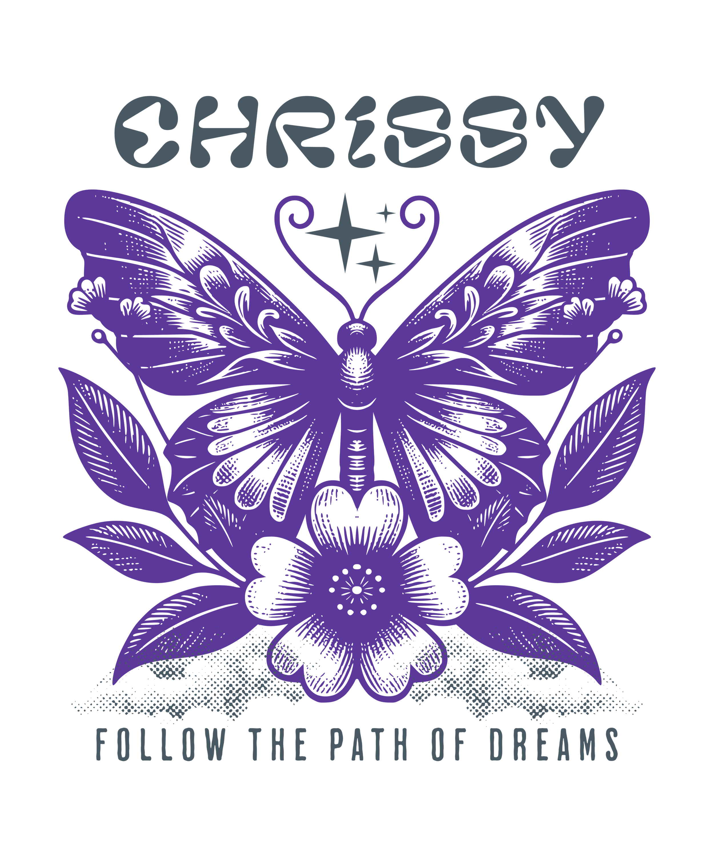A purple illustration of a butterfly with decorative patterns on its wings, above the phrase 'Follow the path of dreams' in light blue text on a black background.