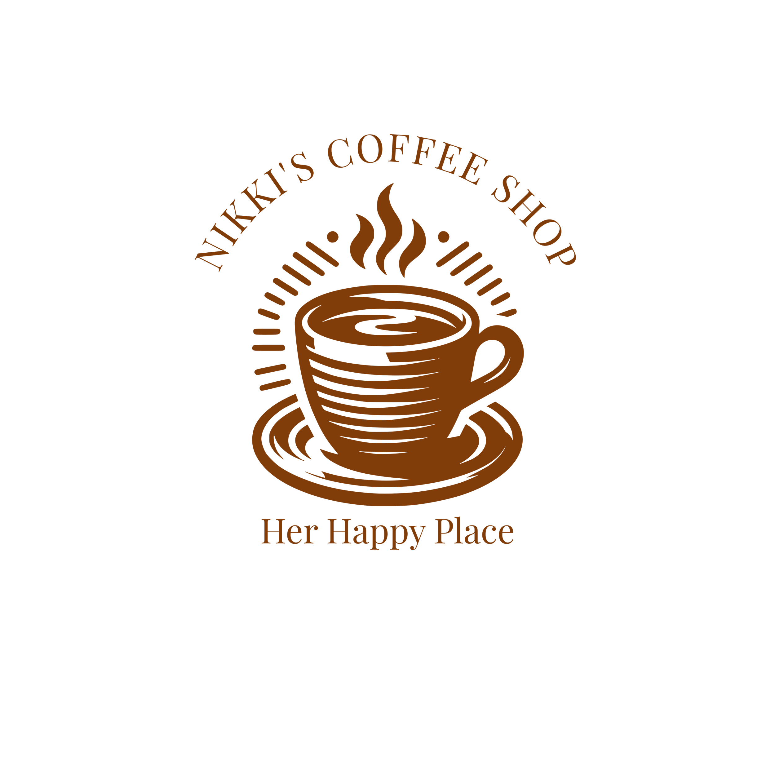 Stylized brown coffee mug with steam rising, surrounded by the text 'Her Happy Place' on a black background.