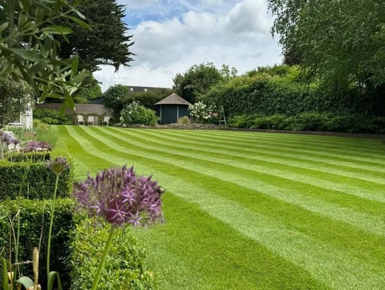 A lush green backyard with a well-maintained striped lawn, surrounded by bushes, trees, and flowers, with a small shed in the background under a partly cloudy sky.