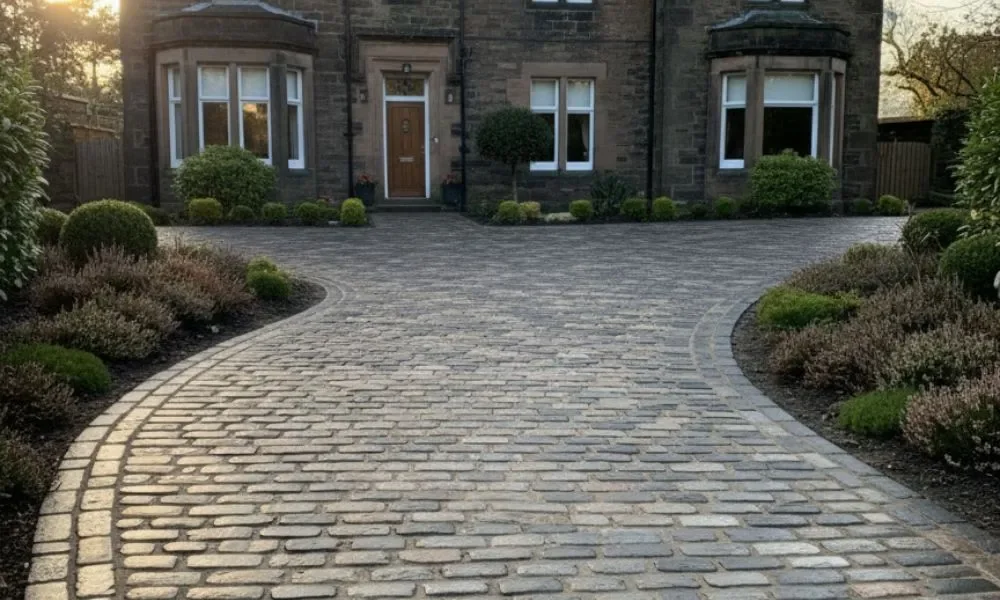A curved driveway made of cobblestone pavers leads to a traditional brick house with bay windows and a central wooden door, surrounded by landscaped garden beds with bushes and plants.