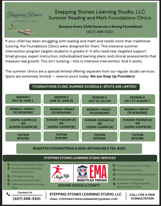 Flyer for Stepping Stones Learning Studio, LLC summer reading and math clinics, with schedule, contact info, and services offered.