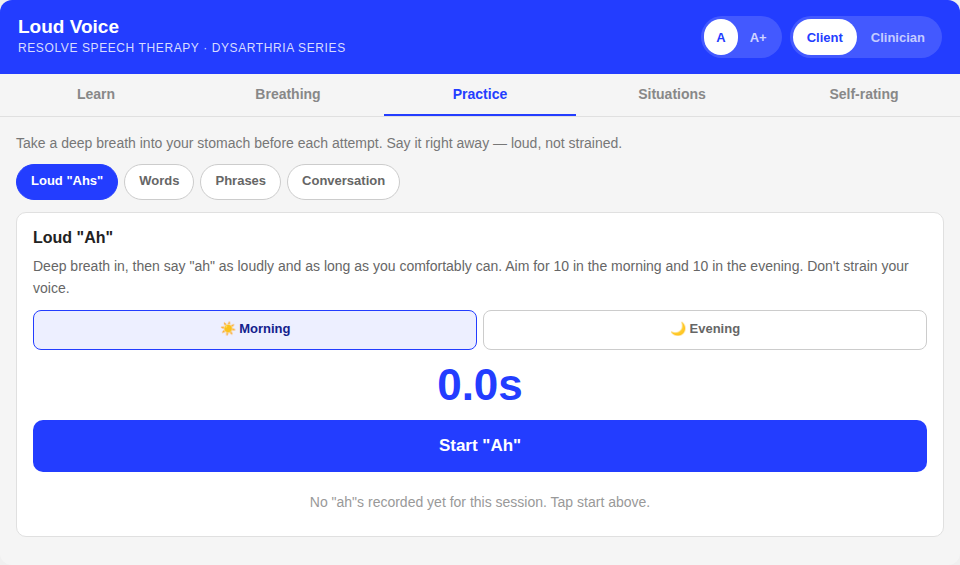Screenshot of a speech therapy practice session on a website called 'Loud Voice,' which includes tabs for 'Learn,' 'Breathing,' 'Practice,' 'Situations,' and 'Self-rating,' with options to practice saying 'Ah' loudly for relaxation, featuring morning