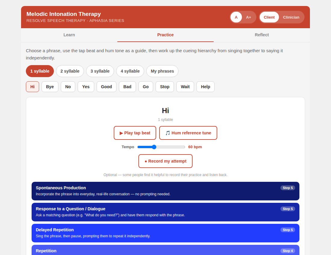 Screenshot of an online speech therapy program focused on Melodic Intonation Therapy. The screen shows practice instructions for saying the word 'Hi' with options for tap beat and hum reference tune, including controls for tempo and recording. The in
