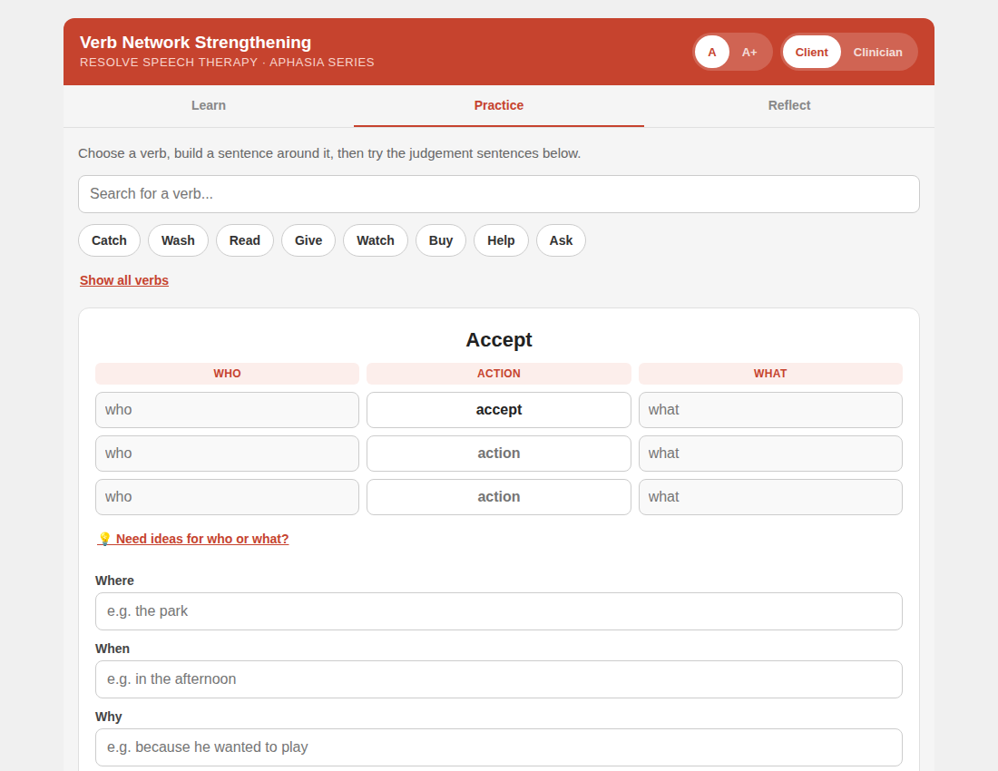 Screenshot of an online speech therapy tool called 'Verb Network Strengthening' focusing on the practice section for building sentences with verbs, showing options for choosing a verb and constructing sentences for accept, who, action, and what.
