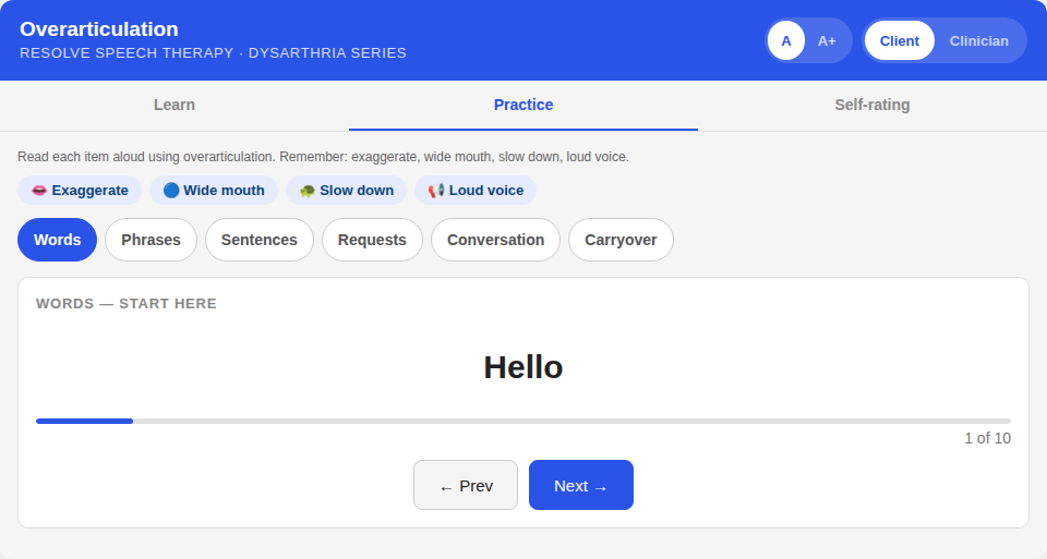 Screenshot of Overarticulation speech therapy app showing practice session with the word 'Hello' and navigation buttons.