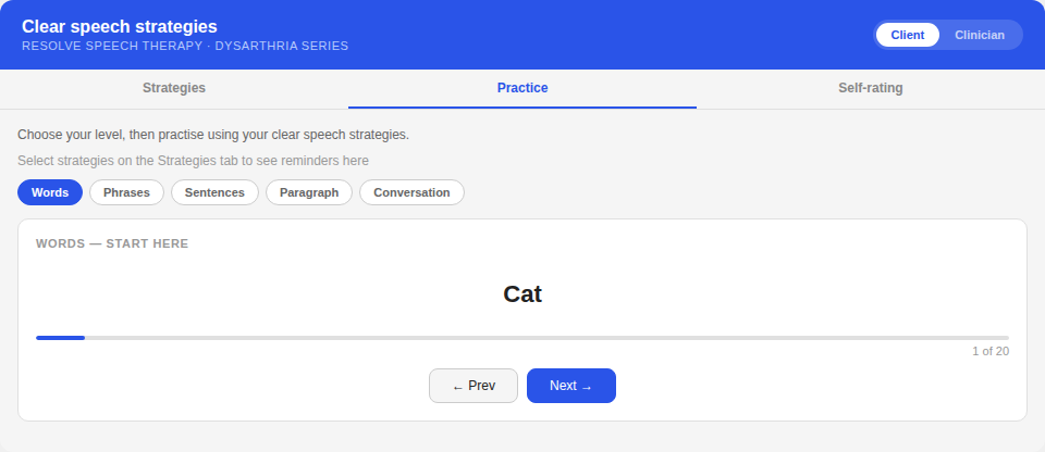 A screenshot of a speech therapy practice app titled 'Clear speech strategies' with options for practicing words, phrases, sentences, paragraph, and conversation. The word 'Cat' is selected for practice.