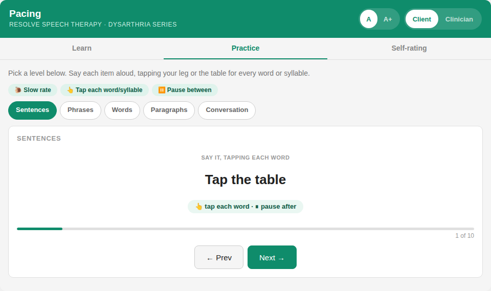 Screenshot of an online speech therapy practice interface titled 'Pacing' with the instruction 'Tap the table' and button options to tap each word and pause, displayed on a white background with teal accents.