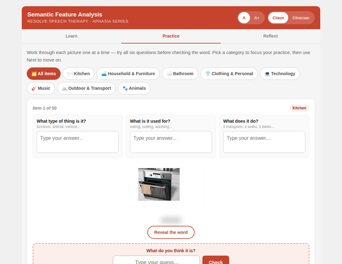 Screenshot of an online speech therapy tool titled 'Semantic Feature Analysis' with categories such as Kitchen, Household & Furniture, Bathroom, Clothing & Personal, Technology, Music, Outdoor & Transport, Animals. The active category is Kitchen, and