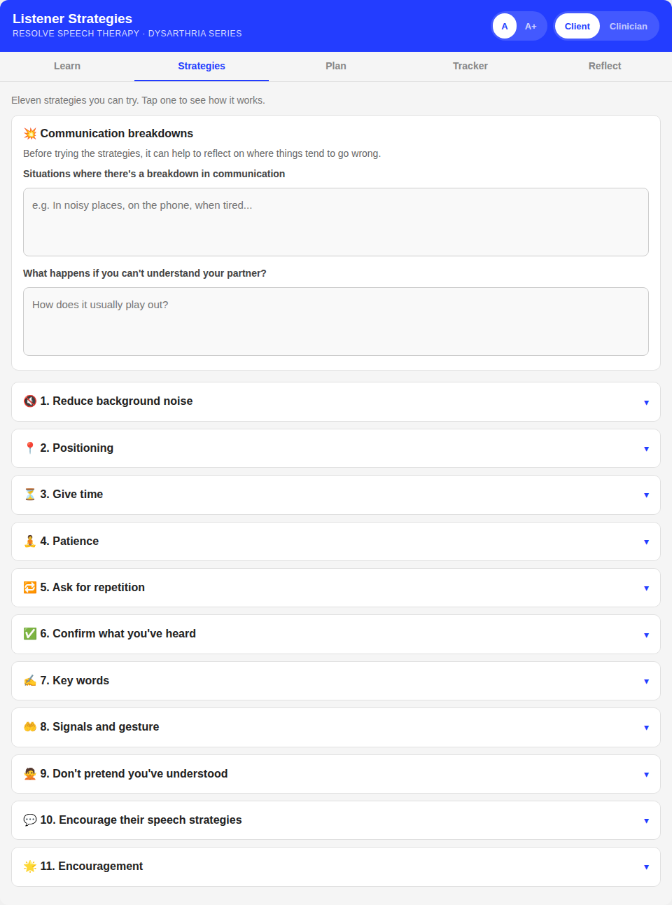 Screenshot of a speech therapy app titled 'Listener Strategies' with a list of strategies, including 'Reduce background noise,' 'Positioning,' 'Give time,' 'Patience,' 'Ask for repetition,' 'Confirm what you've heard,' 'Key words,' 'Signals and gestu
