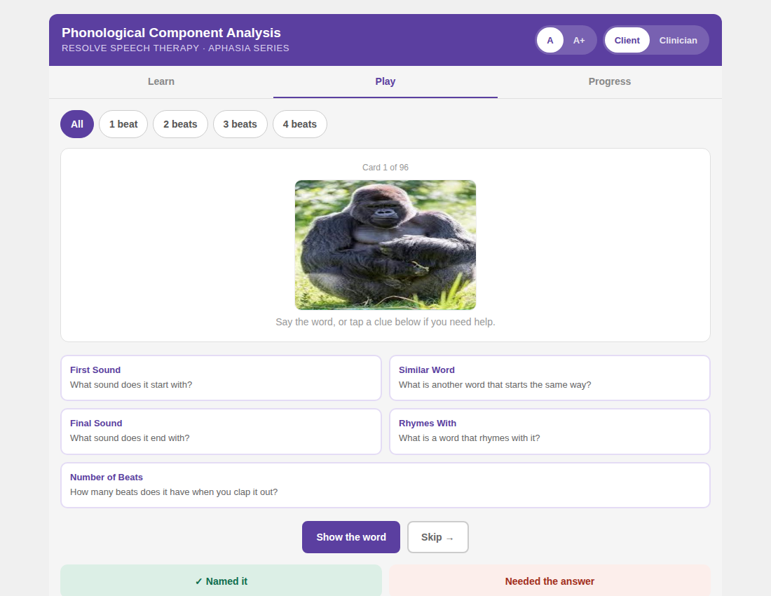 A screenshot of a speech therapy app with the title 'Phonological Component Analysis,' showing a picture of a gorilla, and options for practicing sounds and words.