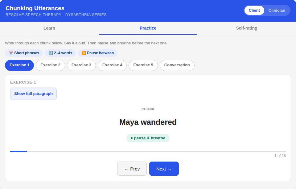 Screenshot of a speech therapy practice webpage titled 'Chunking Utterances' with a section called 'Dysarthria Series.' It displays several exercise tabs, with Exercise 1 selected, focused on the phrase 'Maya wandered.' Instructions suggest working t