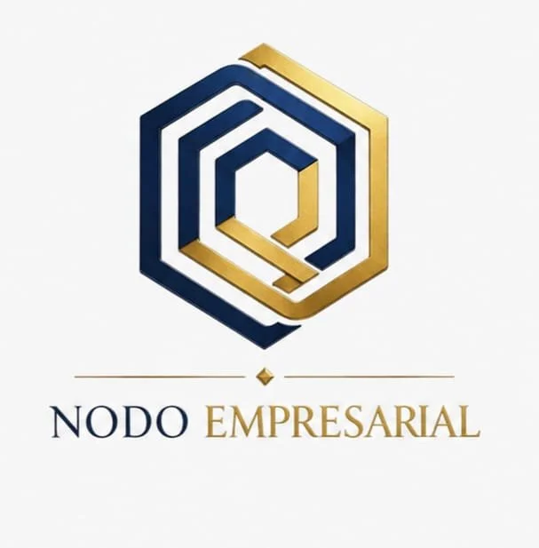 Logotipo con formas geométricas en color azul y dorado, y el texto "Nodo Empresarial" debajo.