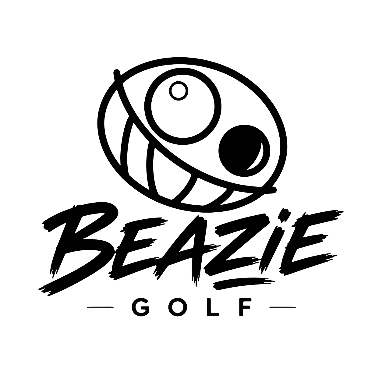 Black and white logo featuring a stylized golf ball with a face and eyes, above the word 'GOLF' with lines on each side.