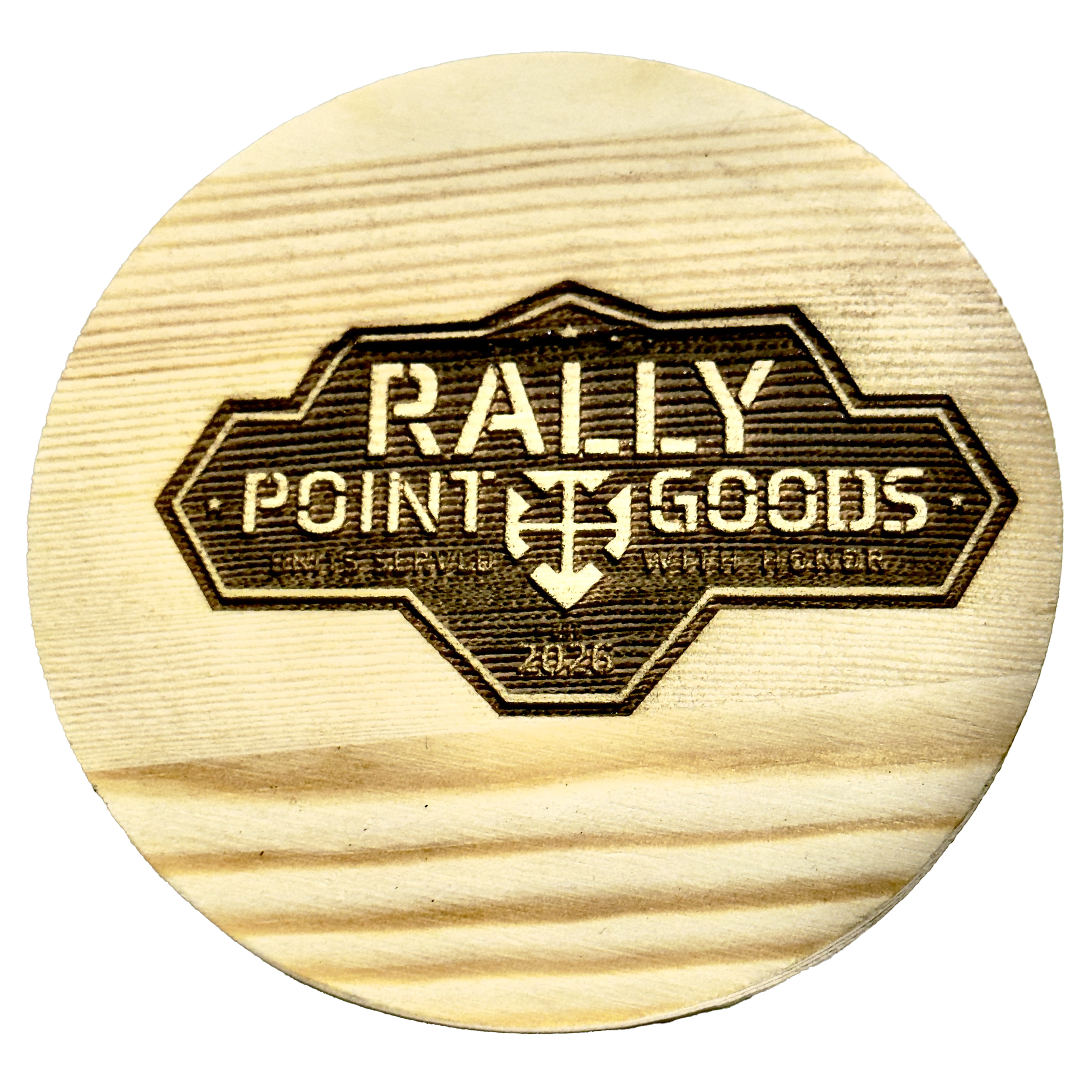 Close-up of a round wooden surface with a dark emblem that reads 'RAILWAY POINT & GALLERY' in the center.