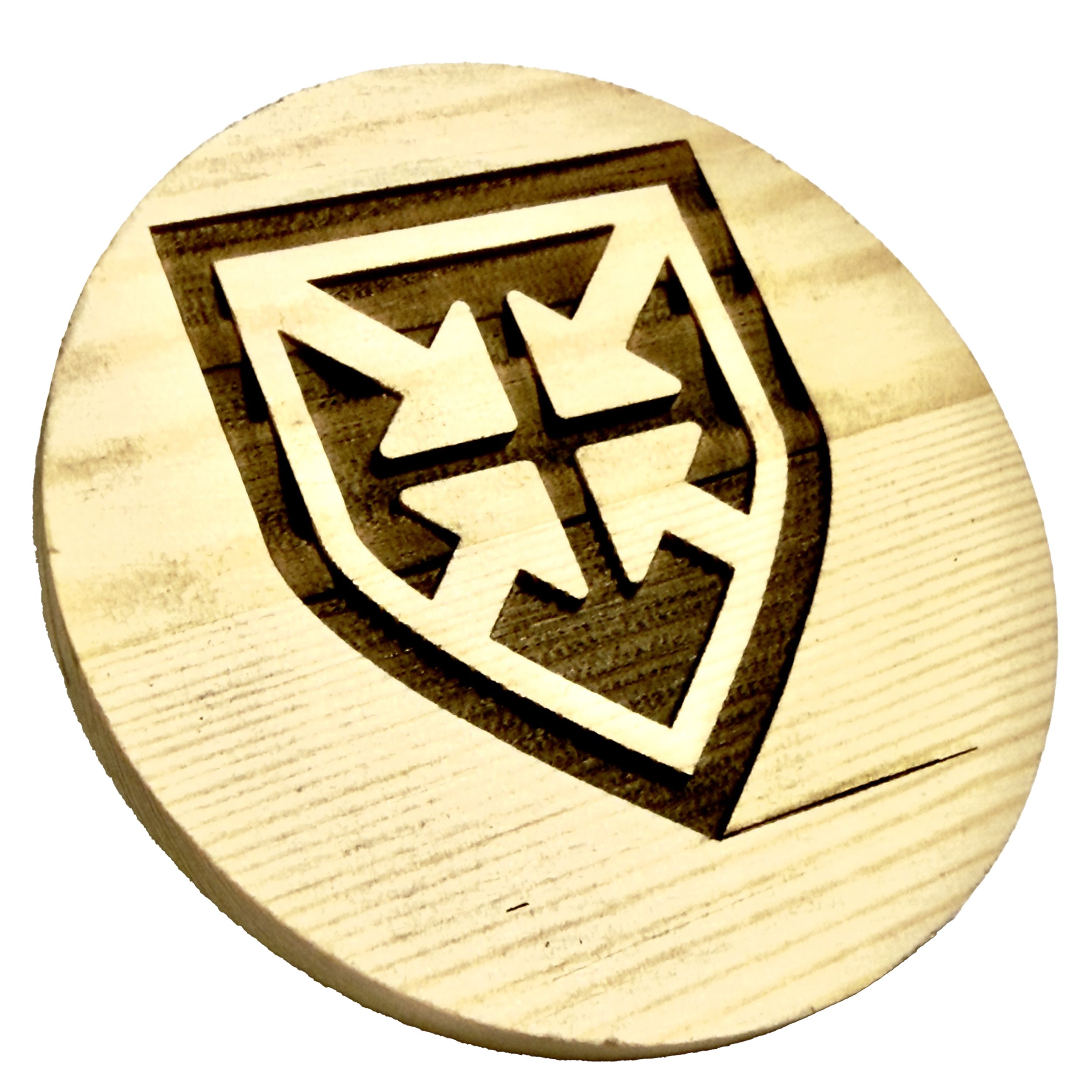 Close-up of a circular wooden object with a black carved logo or symbol in the center.