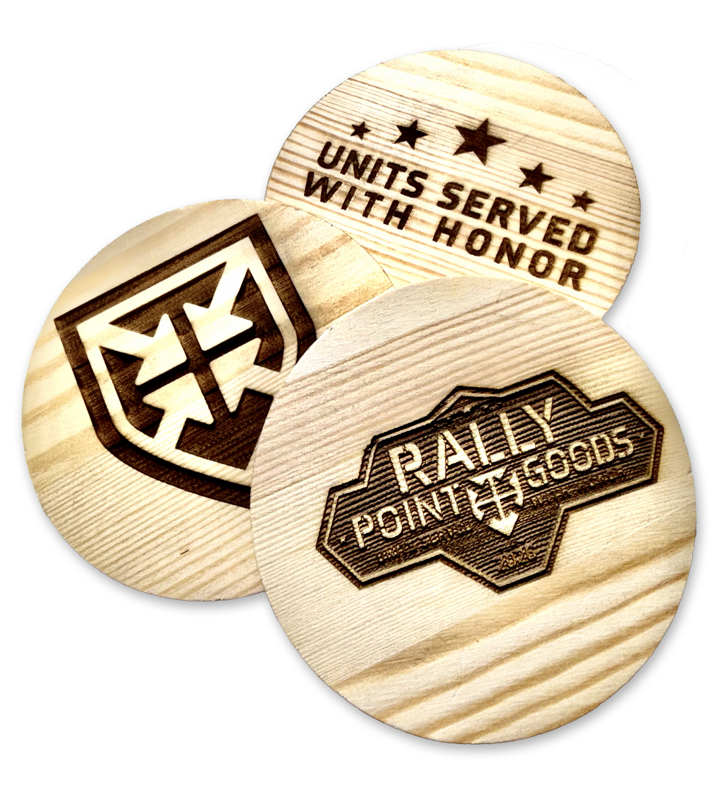 Wooden badge with engraved text and stars, with part of a similar badge visible in the background.