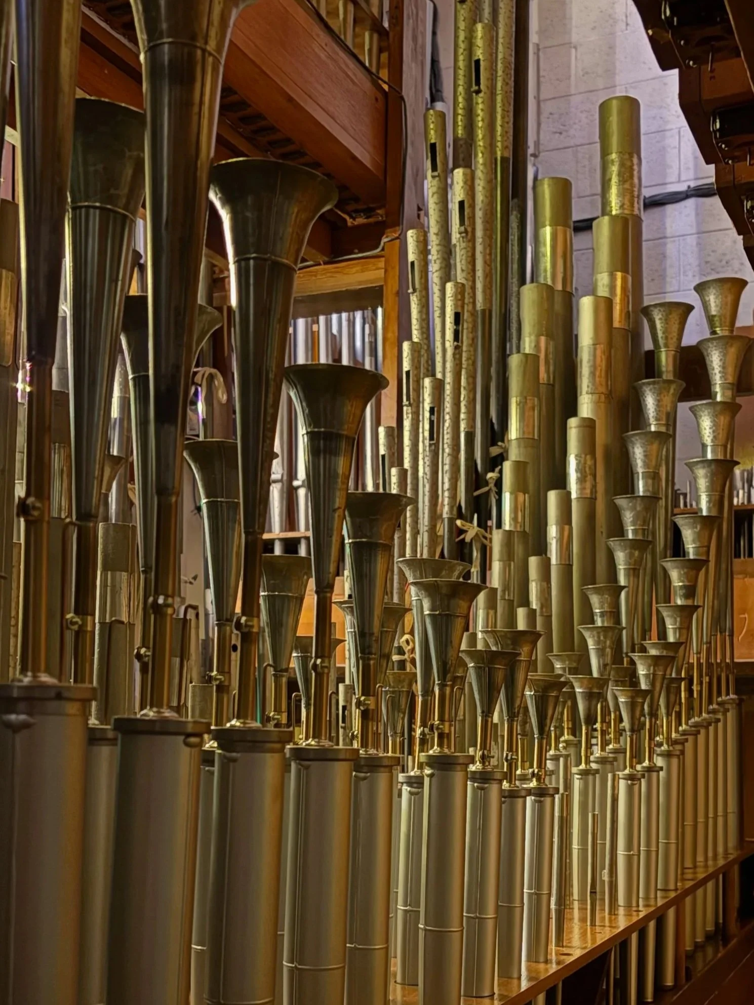 Numerous metal organ pipes on a pipe chest.