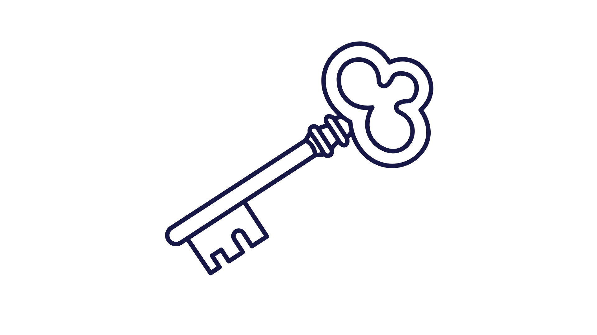 A black and white digital illustration of a key with a botanical bow