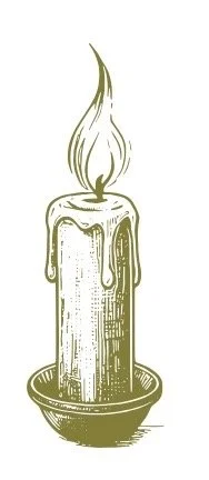 Green and white graphic of a candle burning in a holder with wax melting down the sides and a flame at the top