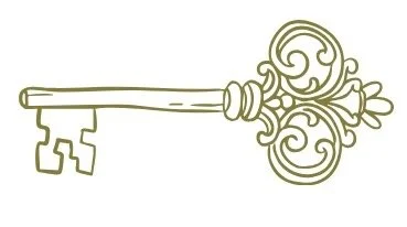 Green and white graphic of an ornate antique key with intricate scrollwork and design.