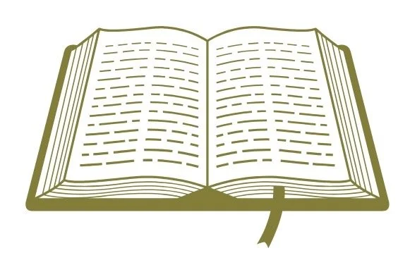 Green and white graphic of an open book with text and a bookmark.