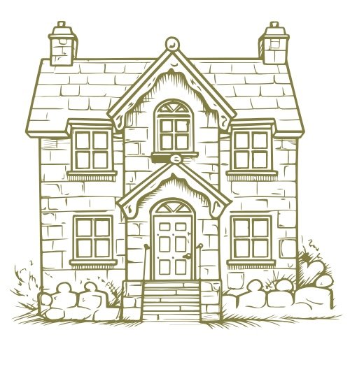 Green and white graphic of a two-story house with a steeply pitched roof, chimney stacks, and front steps leading to a central door, surrounded by bushes.