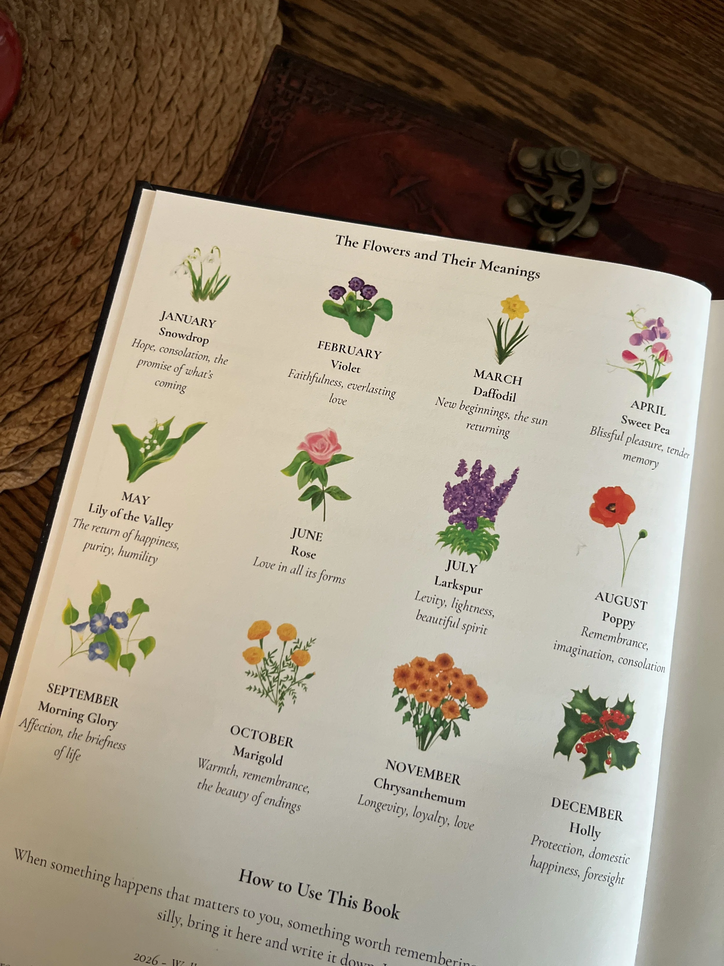 The image shows an open book page with hand-painted flowers representing months of the year, each with their own meaning. The visible months include January, February, March, April, May, June, July, August, September, October, November, and December.