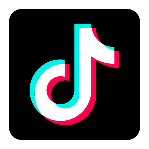 Logo de l'application TikTok en trois dimensions avec des couleurs cyan, blanc et rose sur fond noir.