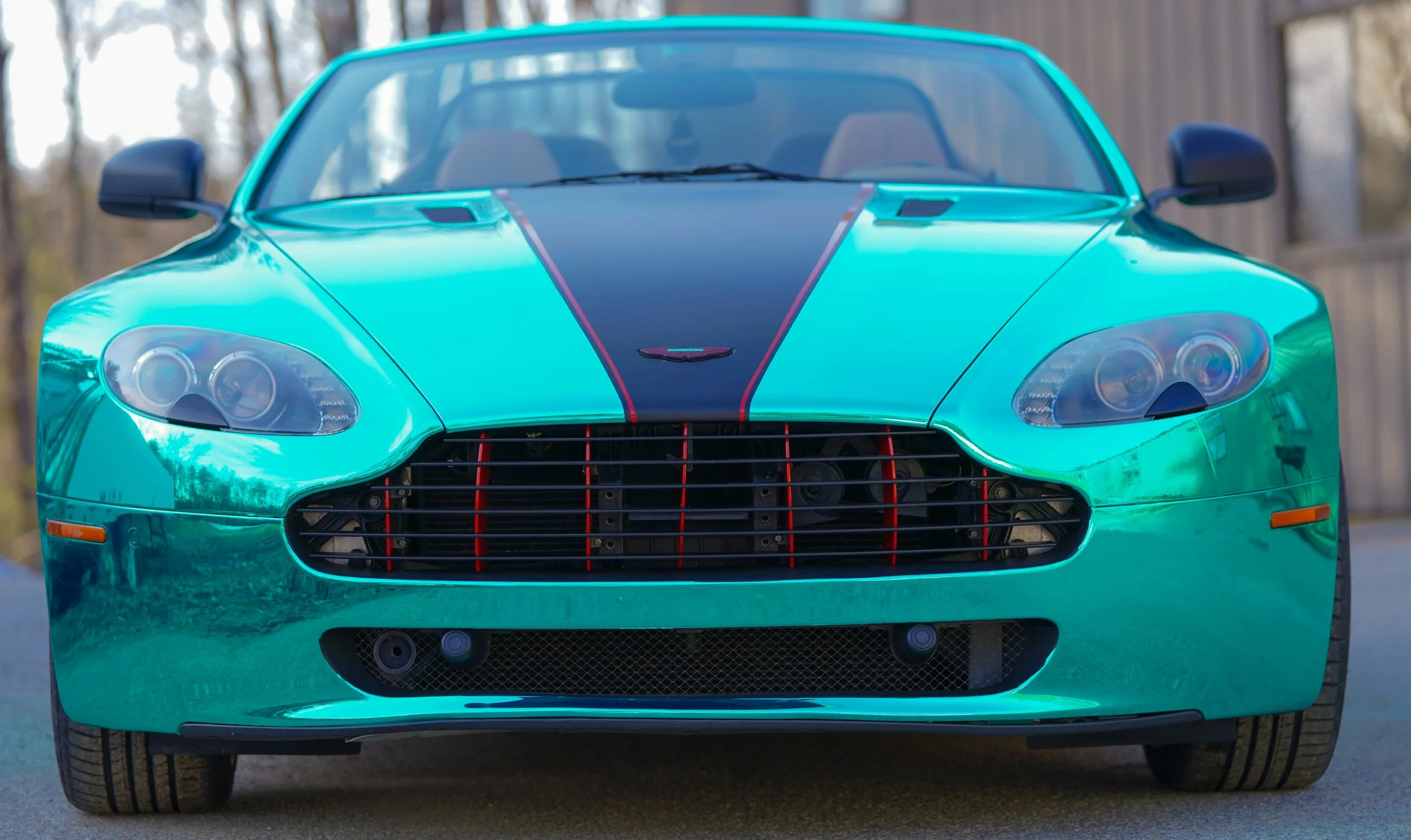 Front view of a turquoise sports car with a black hood stripe and red accents, parked outdoors with trees and a wooden fence in the background.