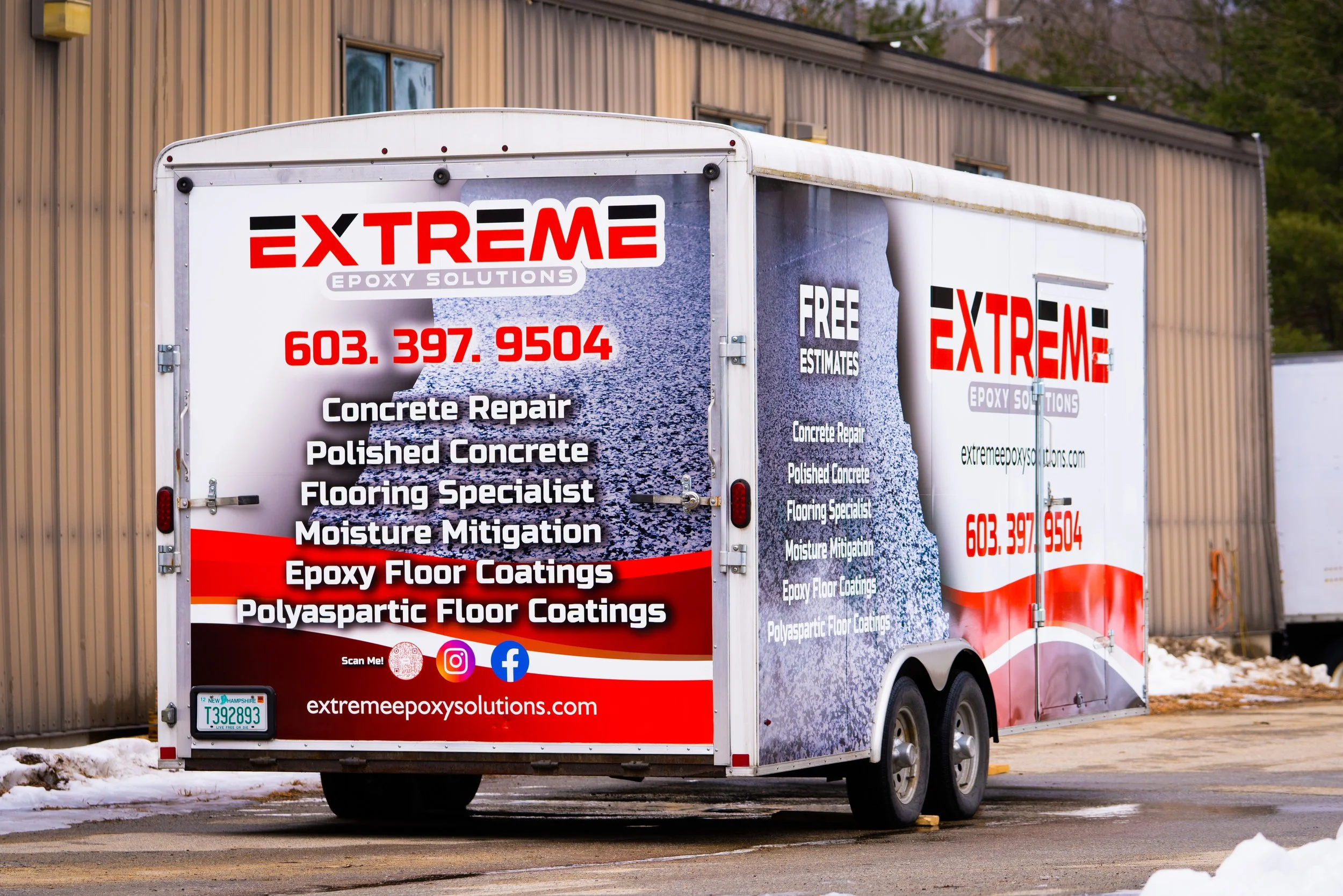 A mobile trailer for Extreme Epoxy Solutions, displaying services such as concrete repair and epoxy floor coatings, with a New Hampshire license plate and social media icons, parked outdoors near a building with a brown metal exterior.