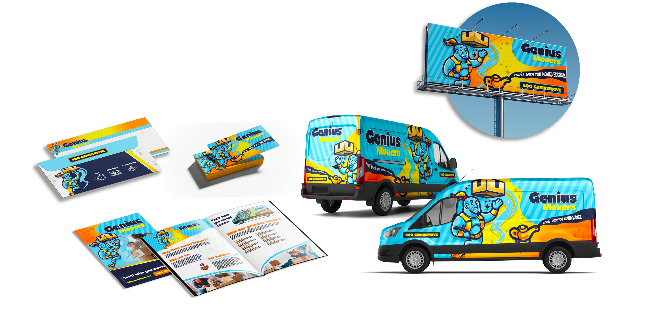 Branding materials for 'Genius Movers,' including a branded moving van, merchandise, brochures, flyers, and a billboard featuring a cartoon character with a mascot and colorful graphics.