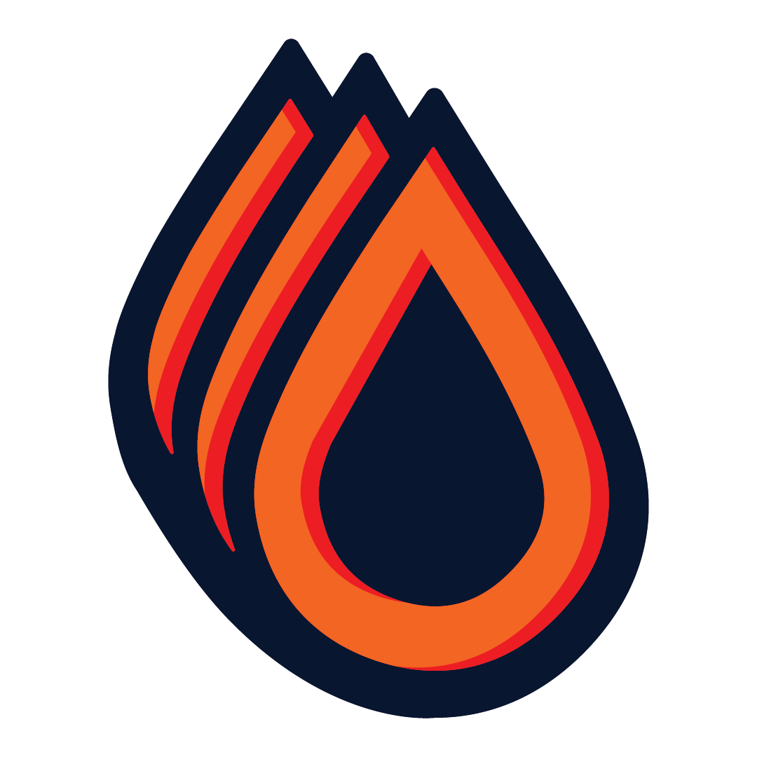 Stylized flame logo with black, red, and orange colors.