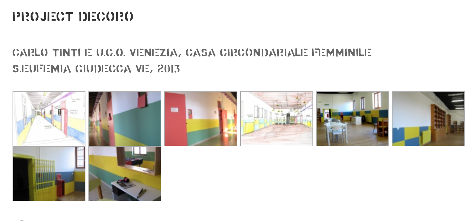 Collage fotografico del progetto di decorazione della scuola dell’infanzia Carlo Tinti di U.C.C.O. Venezia, con corridoi e aule dai muri colorati.