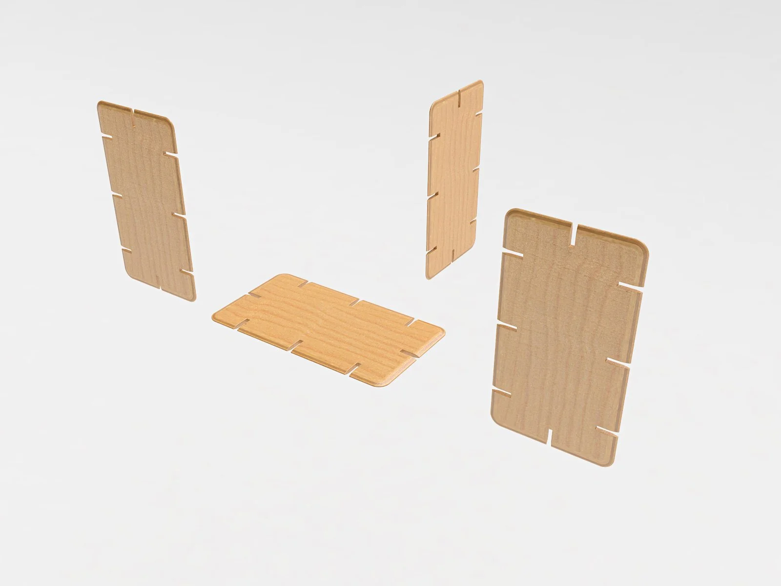 Quattro pannelli modulari in legno con incastri, mostrati separati per illustrare il montaggio di una struttura.