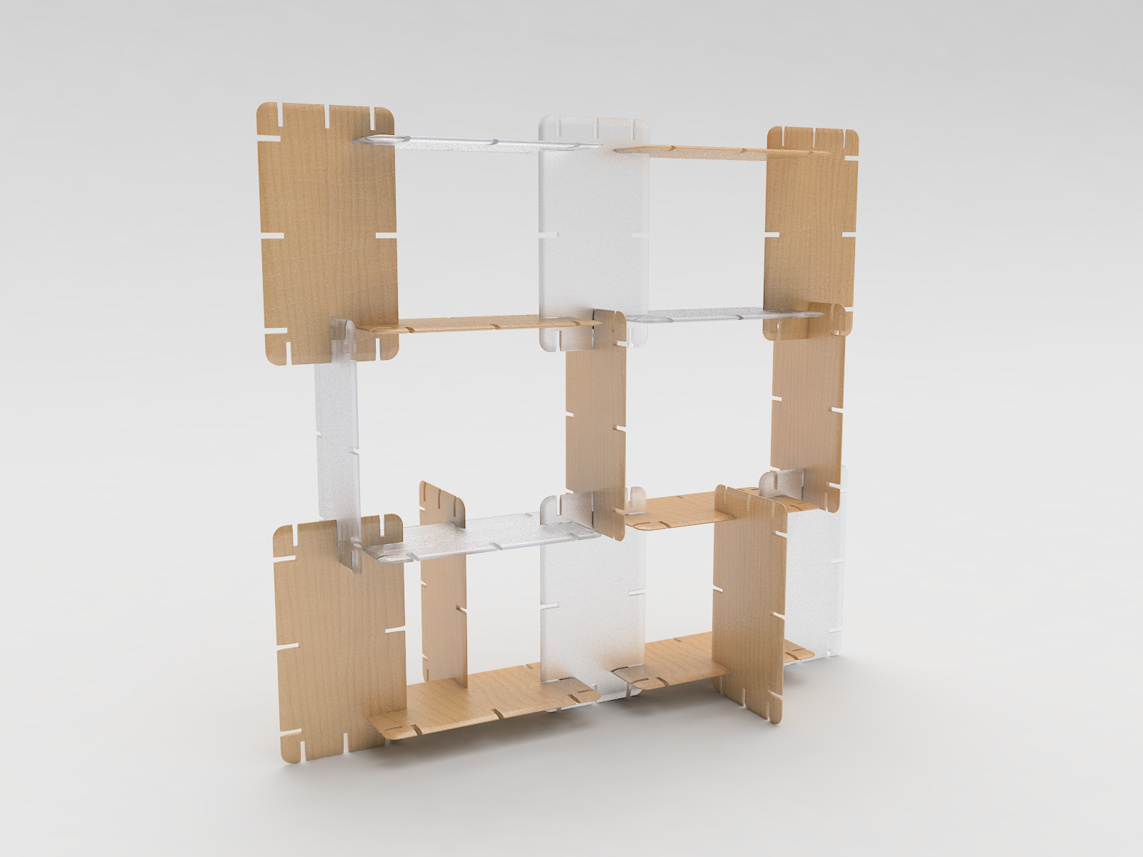 Struttura modulare tridimensionale assemblata con pannelli a incastro in legno e plastica bianca