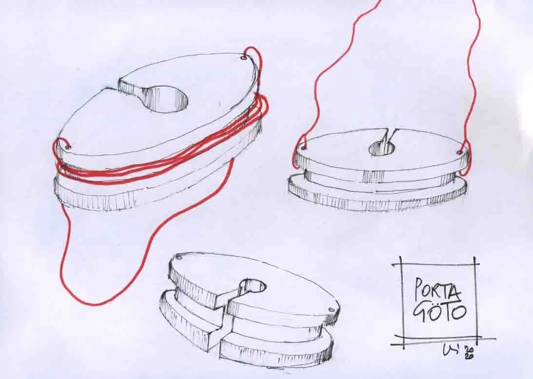 Schizzo di un dispositivo portatile ovale con coperchio apribile, cinghia rossa e scritta «Porta foto».