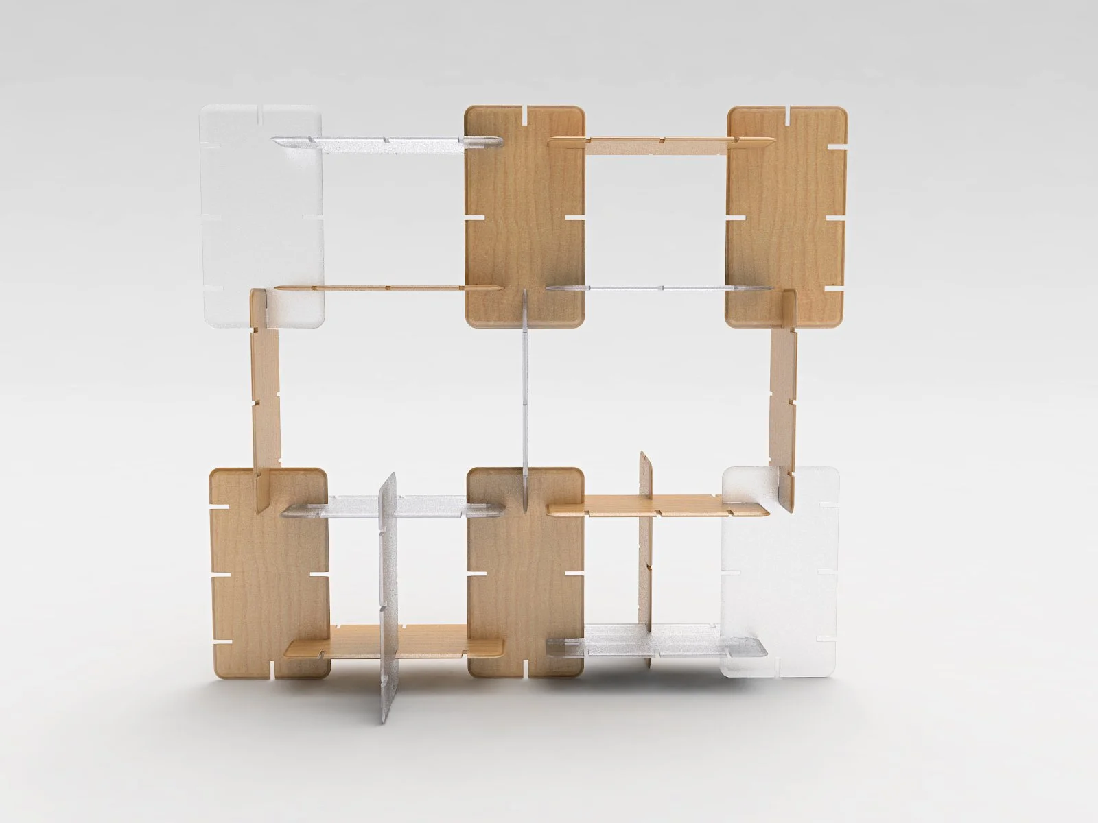 Struttura modulare tridimensionale assemblata con pannelli di legno chiaro e connettori trasparenti