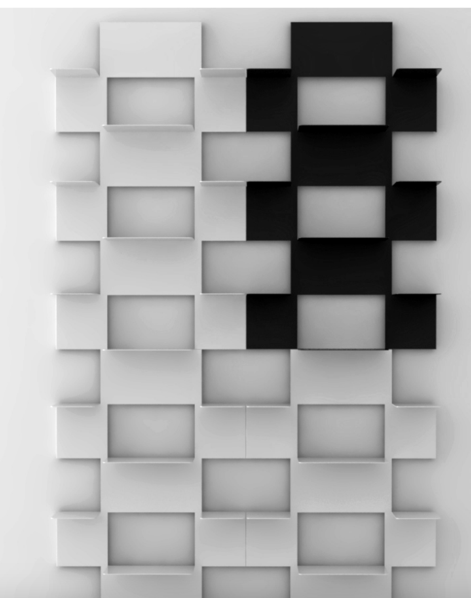 Composizione geometrica astratta di mensole modulari bianche e nere disposte su una parete.